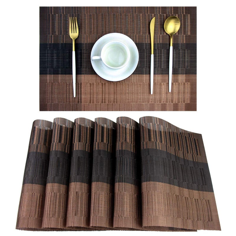 PIGCHCY Placemats,Washable Vinyl Woven Table Mats,Elegant Durable Placemats for Dining Table Set of 6 (Bamboo-Brown) - Image 1